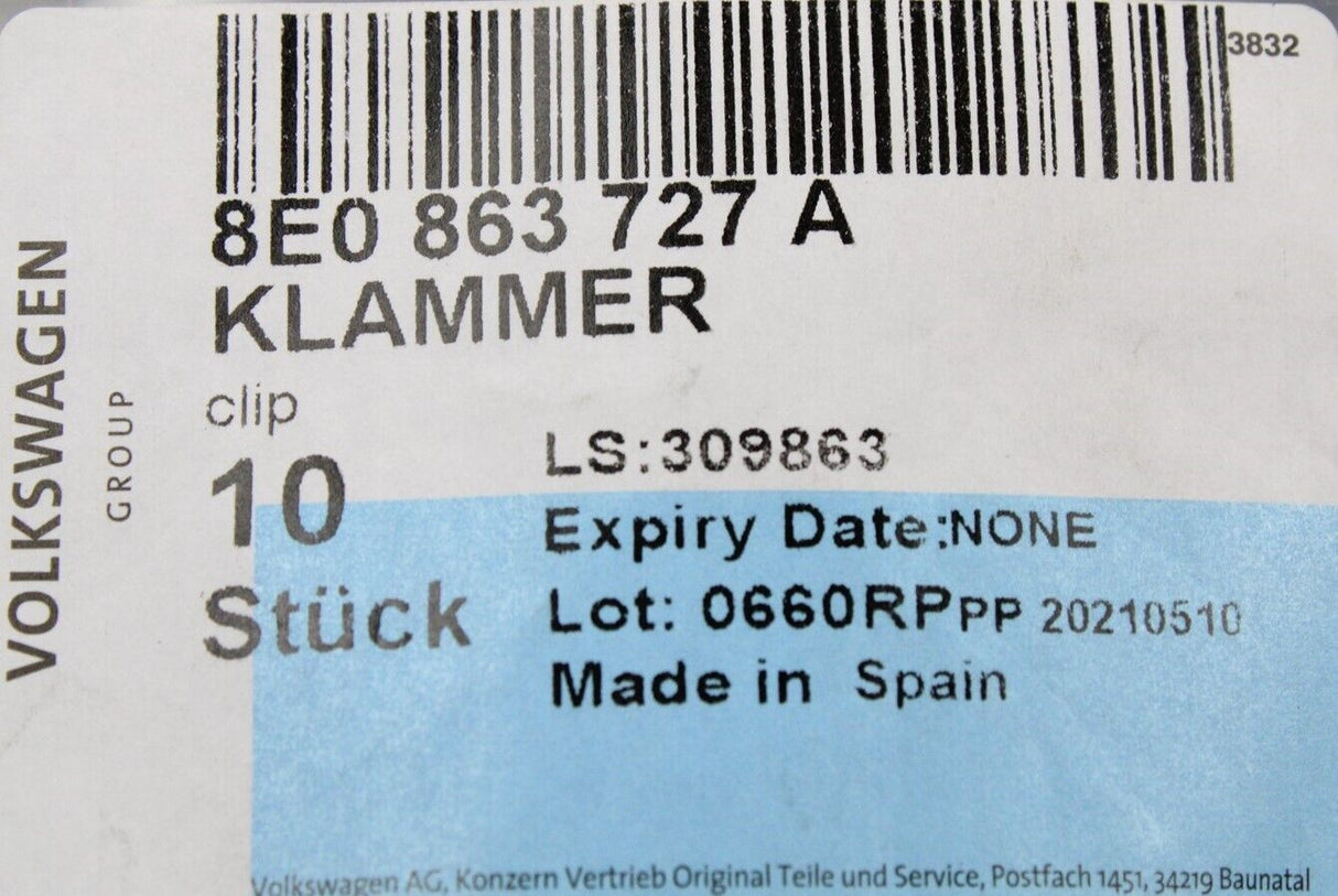 VW Audi Skoda SEAT Bonnet insulation fixing clips x10 8E0863727A