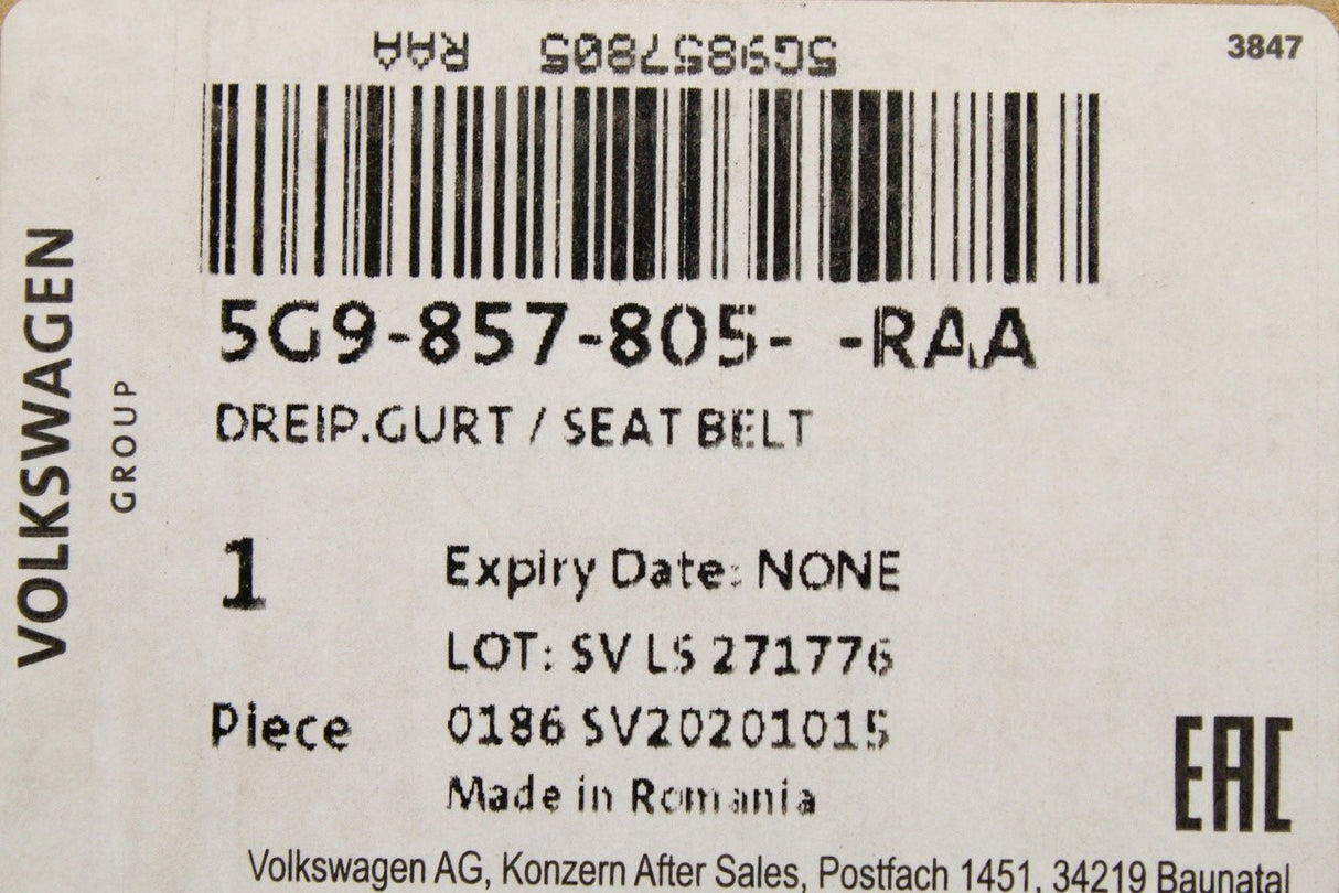VW Golf Estate MK7 MK7.5 2014-2020 seat belt (rear) 5G9857805 RAA