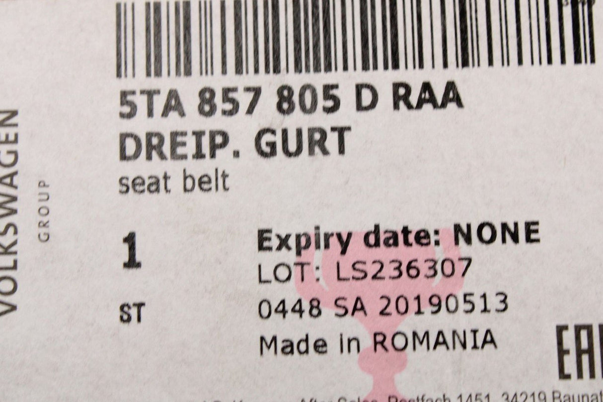 VW Touran 2016-on 3 point seat belt (rear left) 5TA857805D RAA