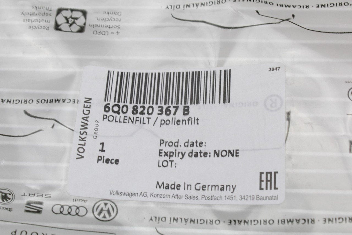 VW Polo Audi A1 Skoda Fabia SEAT Ibiza cabin pollen filter 6Q0820367B