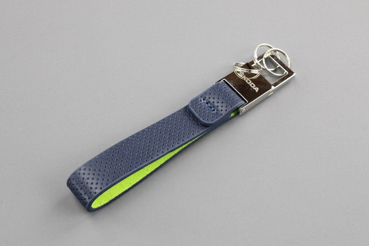 Skoda Octavia metal and leather keyring (Dark Blue/Lime Green) 5E3087010