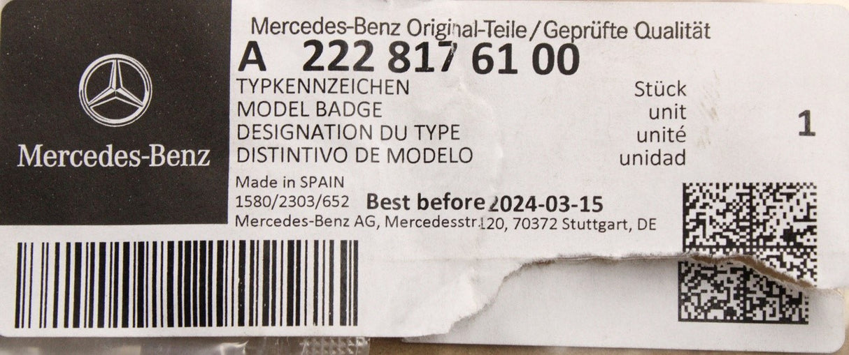 Mercedes-Benz S-Class W222 S350d rear boot lid badge A2228176100