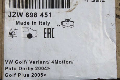 VW Skoda SEAT economy brake pads set (rear) JZW698451