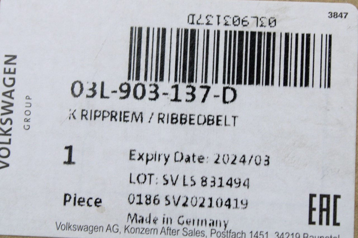 VW Audi Skoda SEAT 1.4 2.0 auxiliary poly v-belt (diesel) 03L903137D