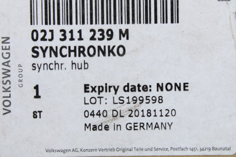 VW Audi Skoda SEAT gearbox synchro hub (1/2 gear) 02J311239M