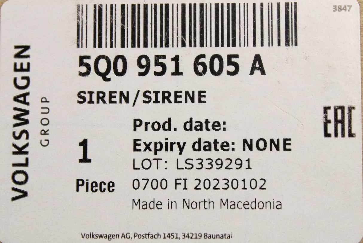 VW Audi Skoda SEAT anti-theft alarm siren 5Q0951605A
