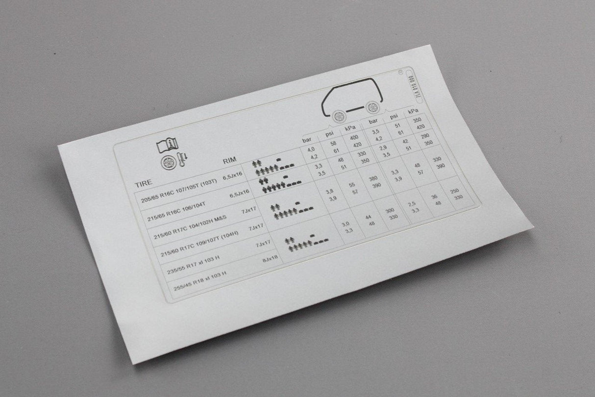 VW Transporter T6.1 tyre pressure data sticker 7LA010000