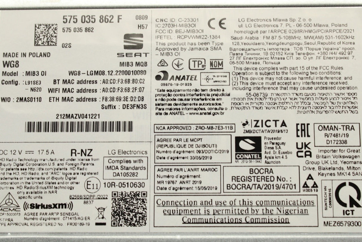 SEAT Arona Ateca Ibiza 2016-on MIB3 multimedia control unit 575035862F