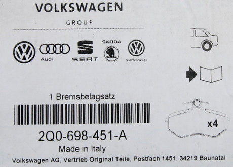 VW Polo GTI AW Audi A1 2018-On Rear brake pads (272x10mm) 2Q0698451A