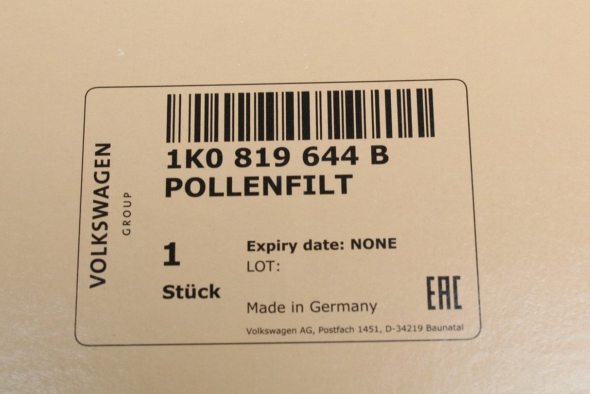 VW Audi Skoda SEAT cabin pollen filter element 1K0819644B