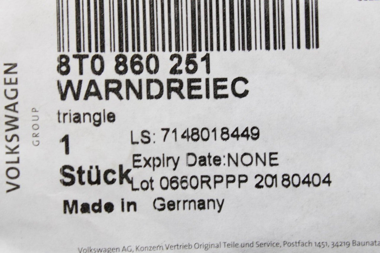 Audi A3 A4 A5 A6 A8 RS3 RS5 RS6 hazard warning triangle 8T0860251