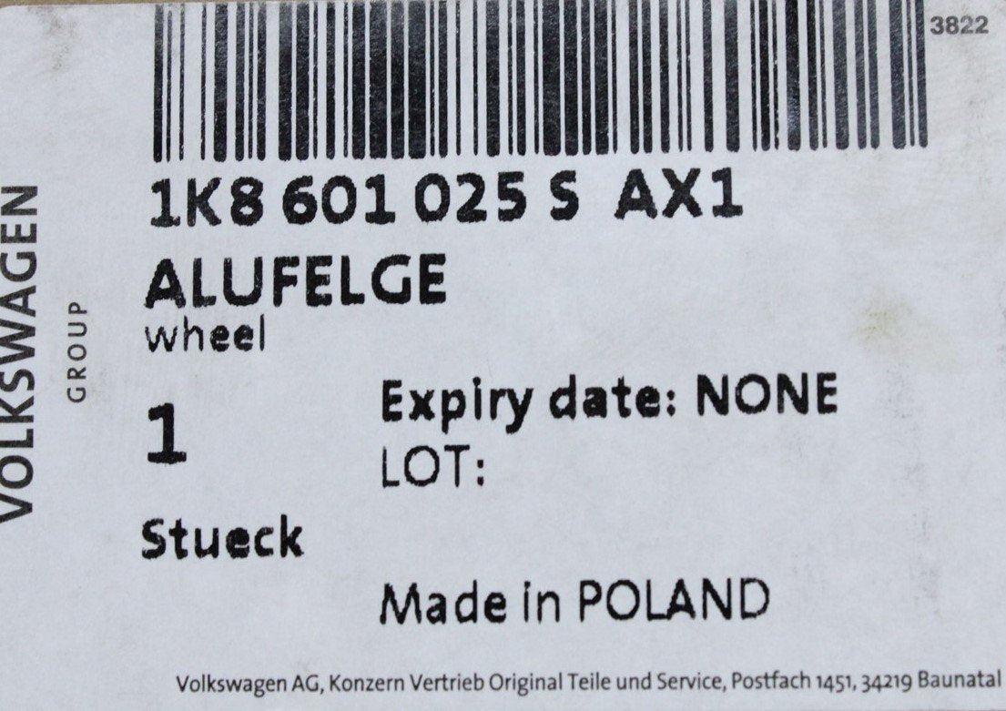 VW Scirocco 09-18 Lugano alloy wheel rim 19'' gloss black 1K8601025S AX1