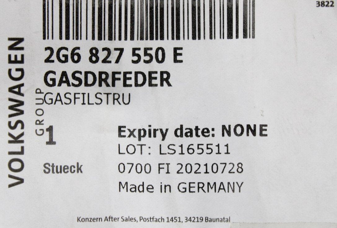 VW Polo AW 2018-on tailgate boot lid gas strut (x1) 2G6827550E