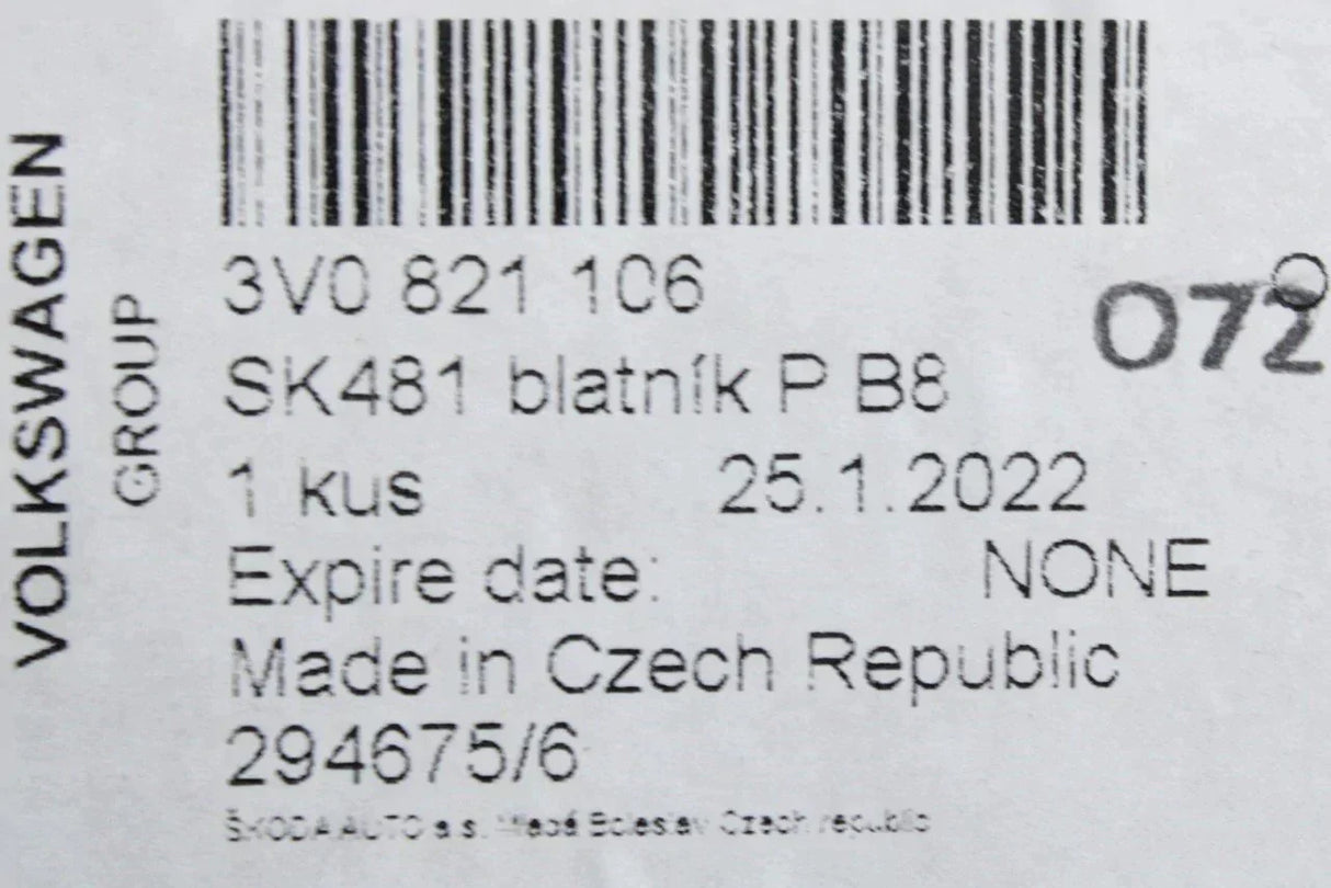 Skoda Superb 3V 2015-on front wing fender panel (right) 3V0821106