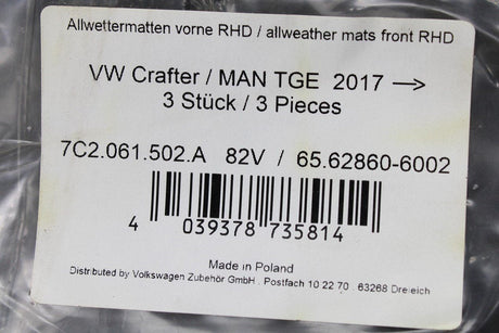 VW Crafter 17- front all weather rubber floor mats (RHD) 7C2061502A 82V