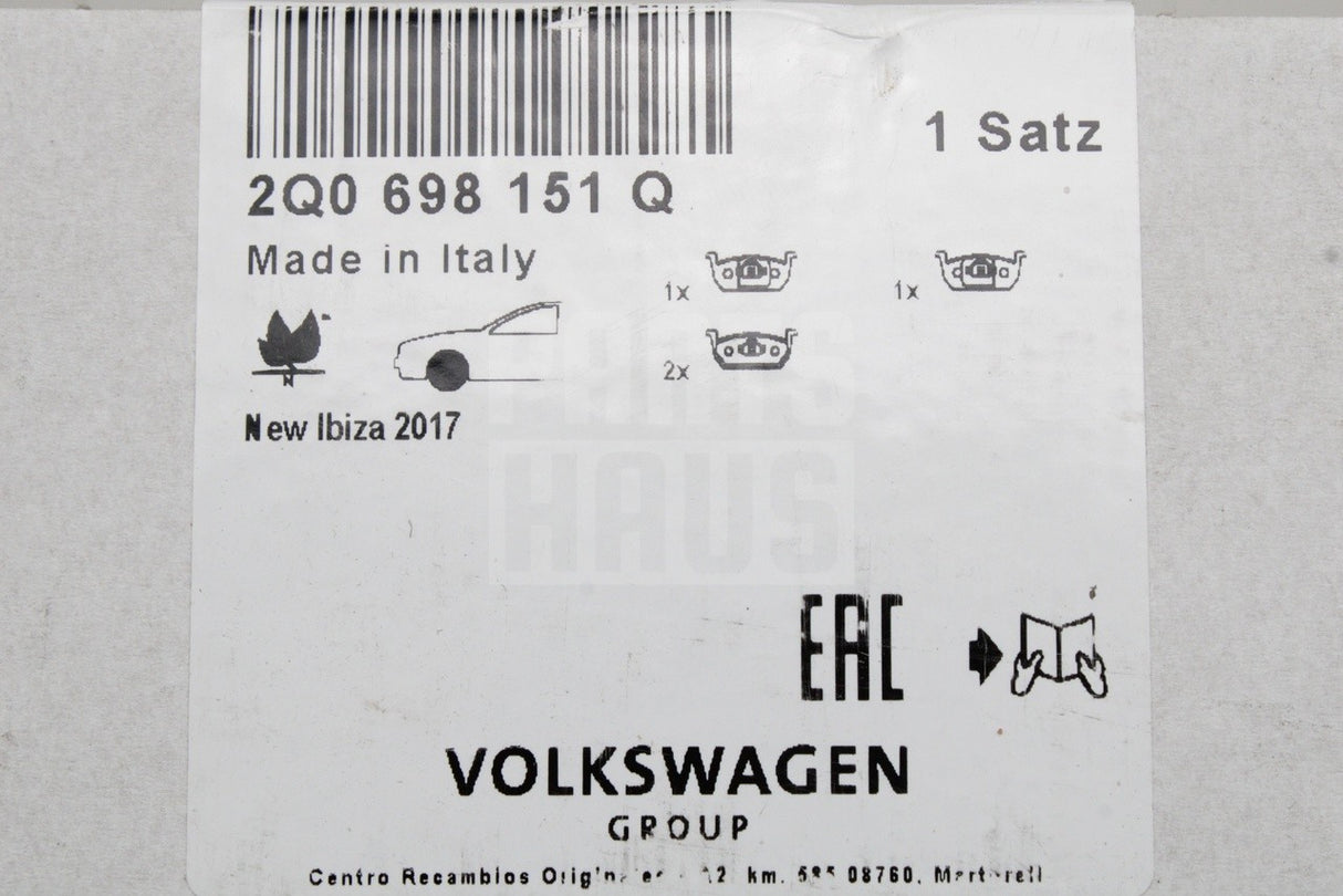 VW Polo AW Audi A1 Skoda Fabia SEAT front brake pads kit 2Q0698151Q
