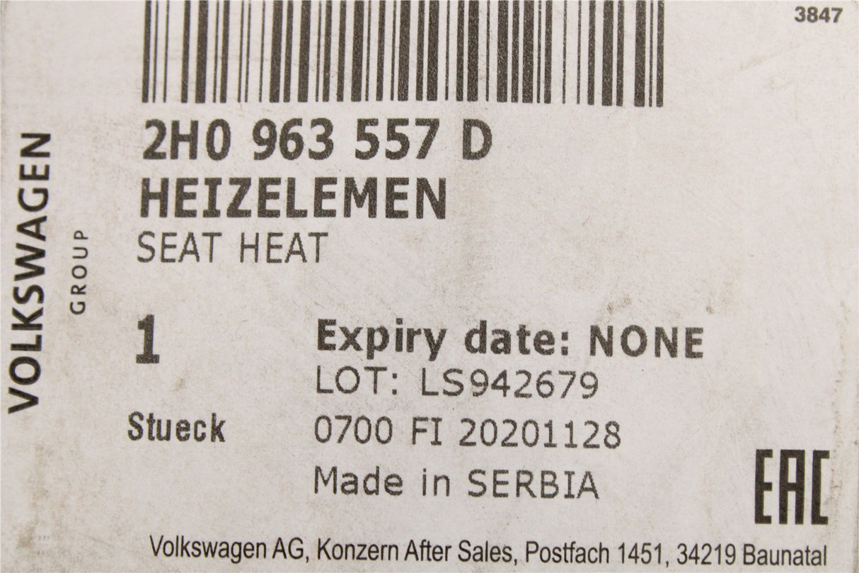 VW Amarok 2010-2022 backrest heated seat element 2H0963557D