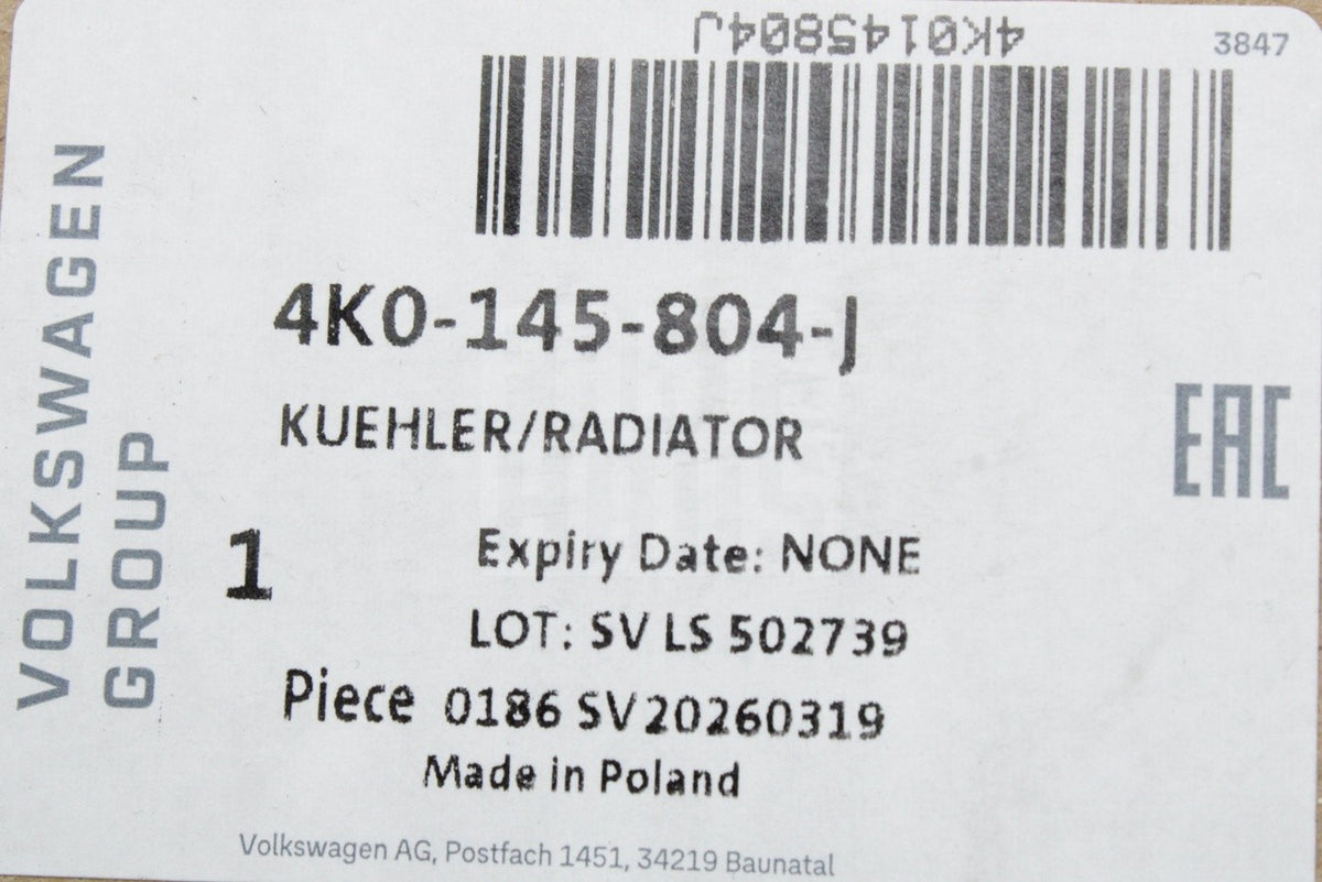 Audi A5 2024-on A6 26-on Q5 2025-on 2.0 TFSI coolant radiator 4K0145804J