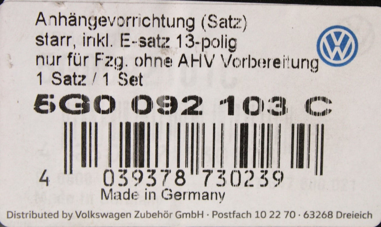 VW Golf MK7.5 2017-2020 fixed tow bar 5G0092103C