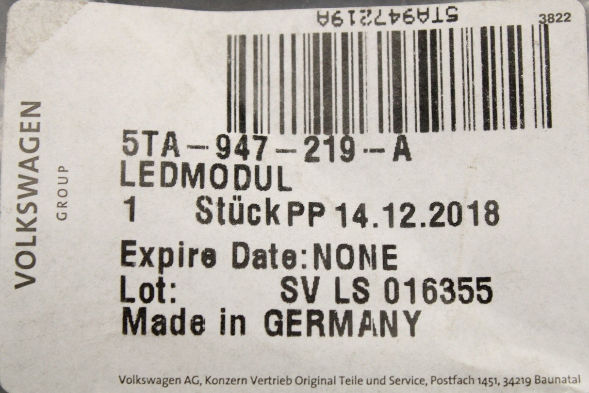 VW Touran 2016-on panoramic roof LED light fibre optic (left) 5TA947219A