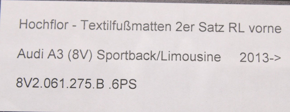 Audi A3 8V 13-20 RHD premium carpet floor mats set (front & rear) 8V2061275B/276 6PS