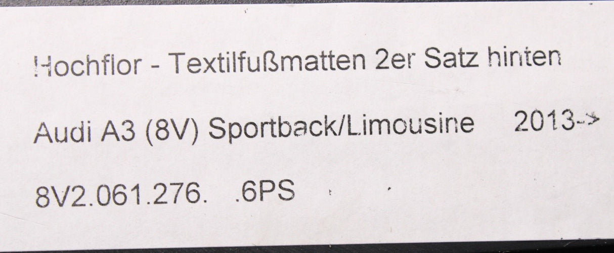 Audi A3 8V 13-20 RHD premium carpet floor mats set (front & rear) 8V2061275B/276 6PS