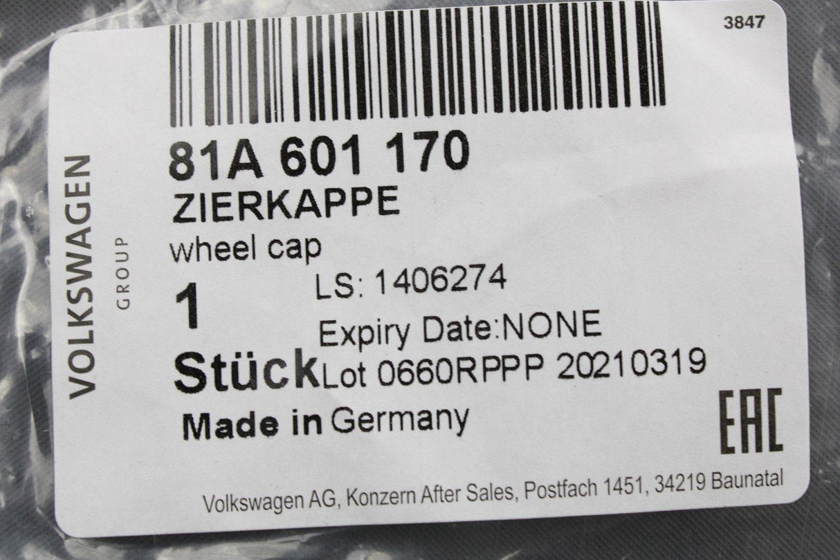 Audi A3 2020-on e-tron alloy wheel centre cap (x1) 81A601170