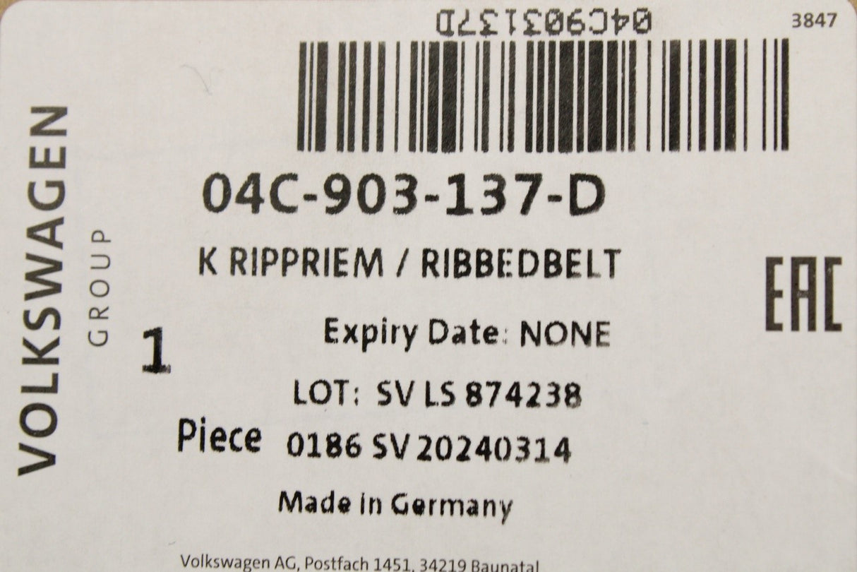 VW Polo Skoda Rapid SEAT Ibiza Mii 2012-on 1.0L poly v-belt 04C903137D