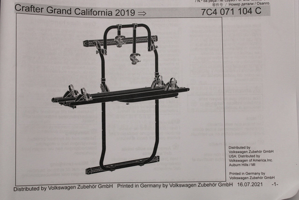 VW Grand California 2020-on wing door bicycle carrier (rear) 7C4071104C