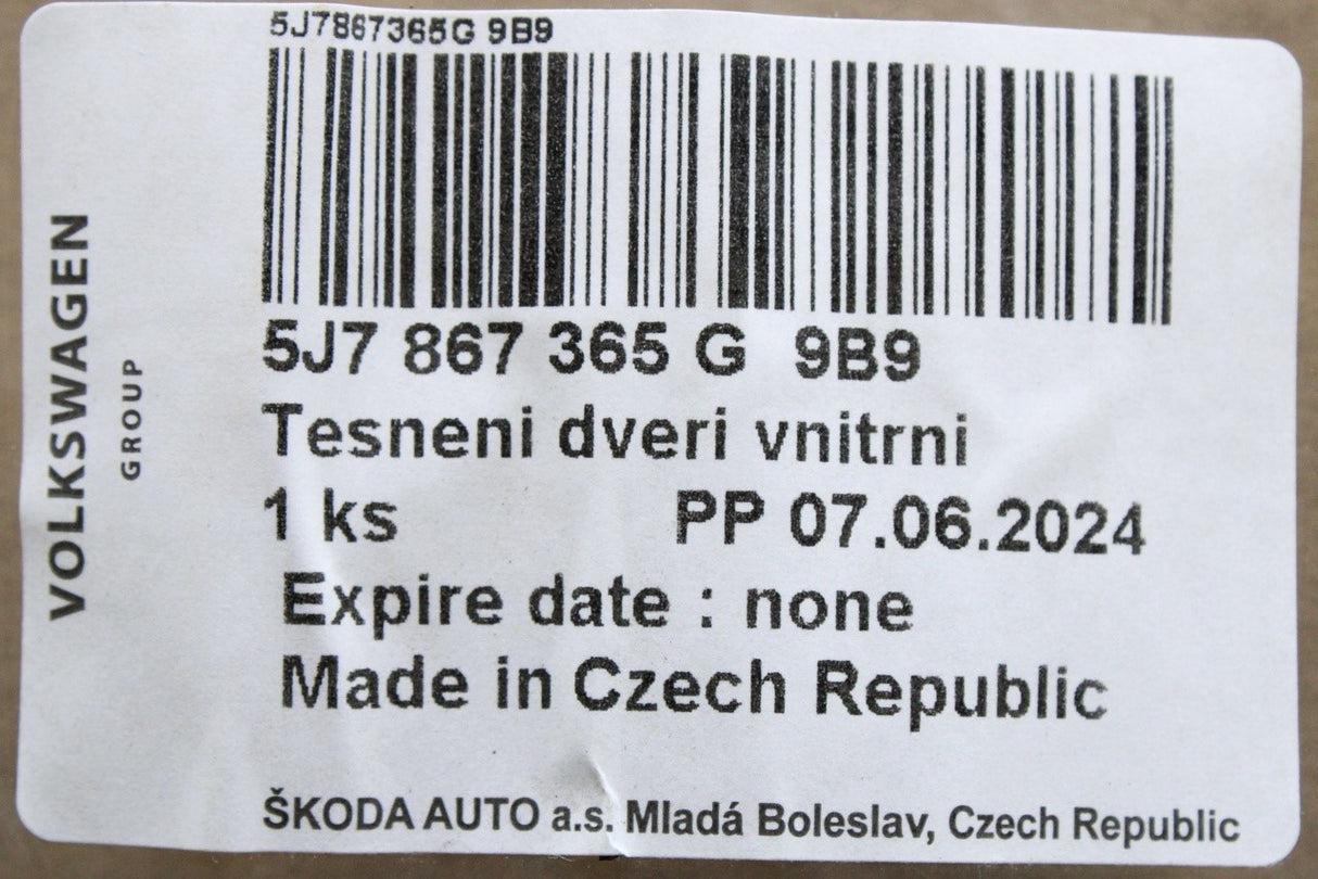Skoda Roomster 2006-2015 front inner door seal 5J7867365G 9B9
