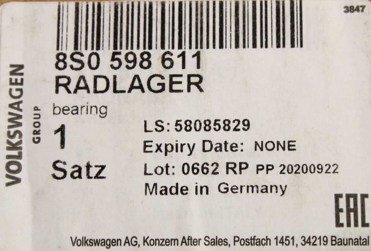 VW Touran Audi A3 Skoda Octavia 2015-on wheel bearing (rear) 8S0598611