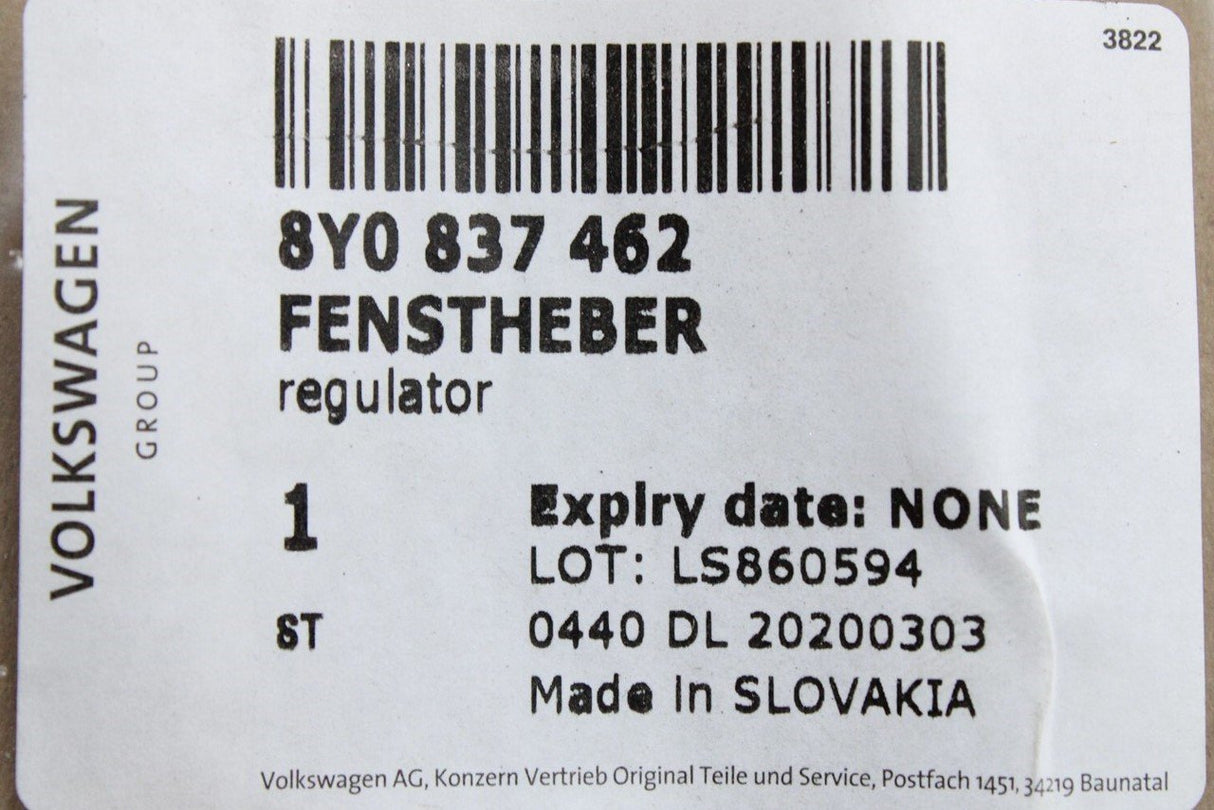 Audi A3 2020-on window regulator without motor (front right) 8Y0837462