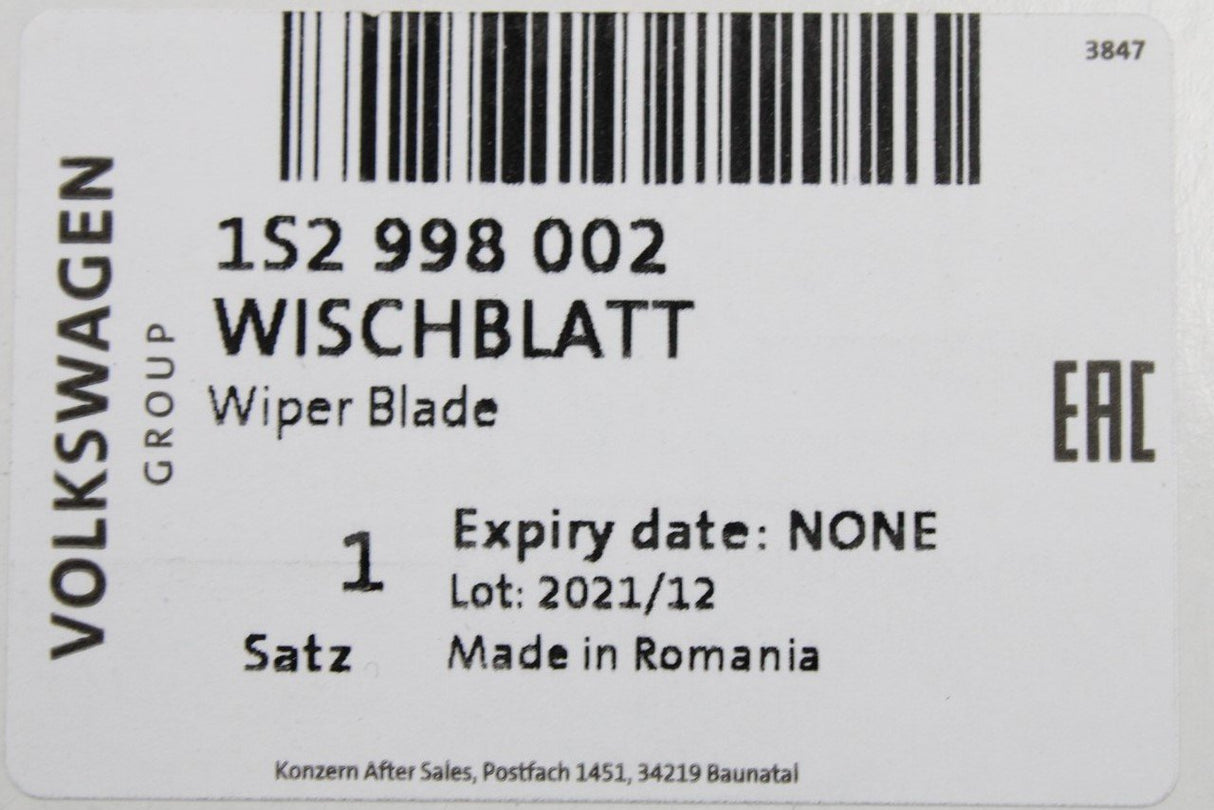 VW Up! SEAT Mii Skoda Citigo front aero wiper blades set RHD 1S2998002