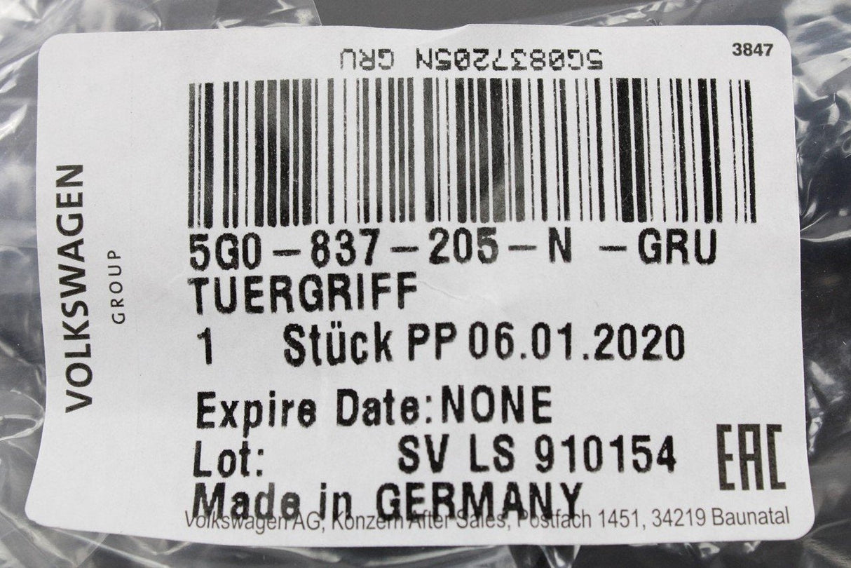 VW Audi Skoda SEAT Exterior left door handle (primed) 5G0837205N GRU