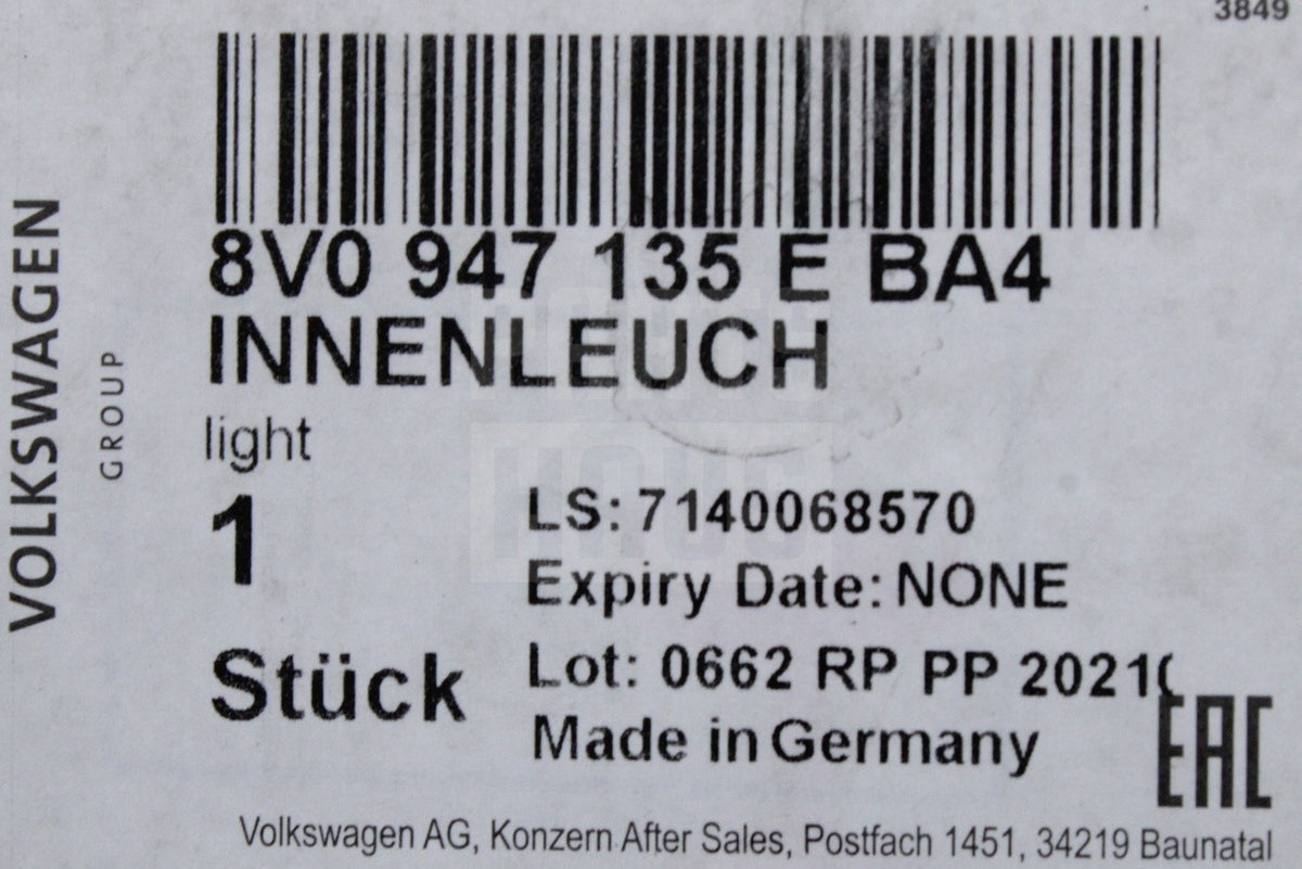 Audi A3 S3 RS3 2017-2021 front interior roof light grey 8V0947135E BA4