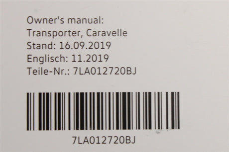 VW Transporter T6.1 2020-on owners manual handbook 7LA012720BJ