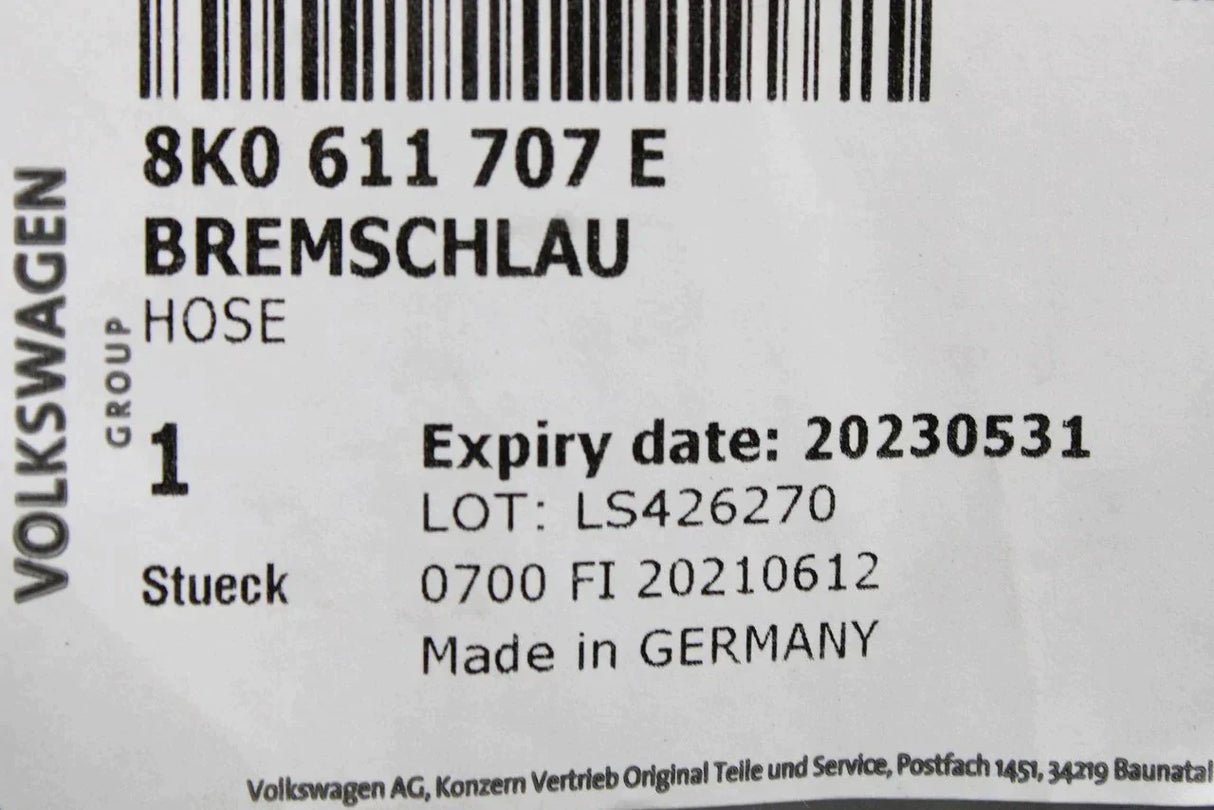 Audi A4 B8 08-15 A5 08-16 flexible brake pipe hose (front) 8K0611707E