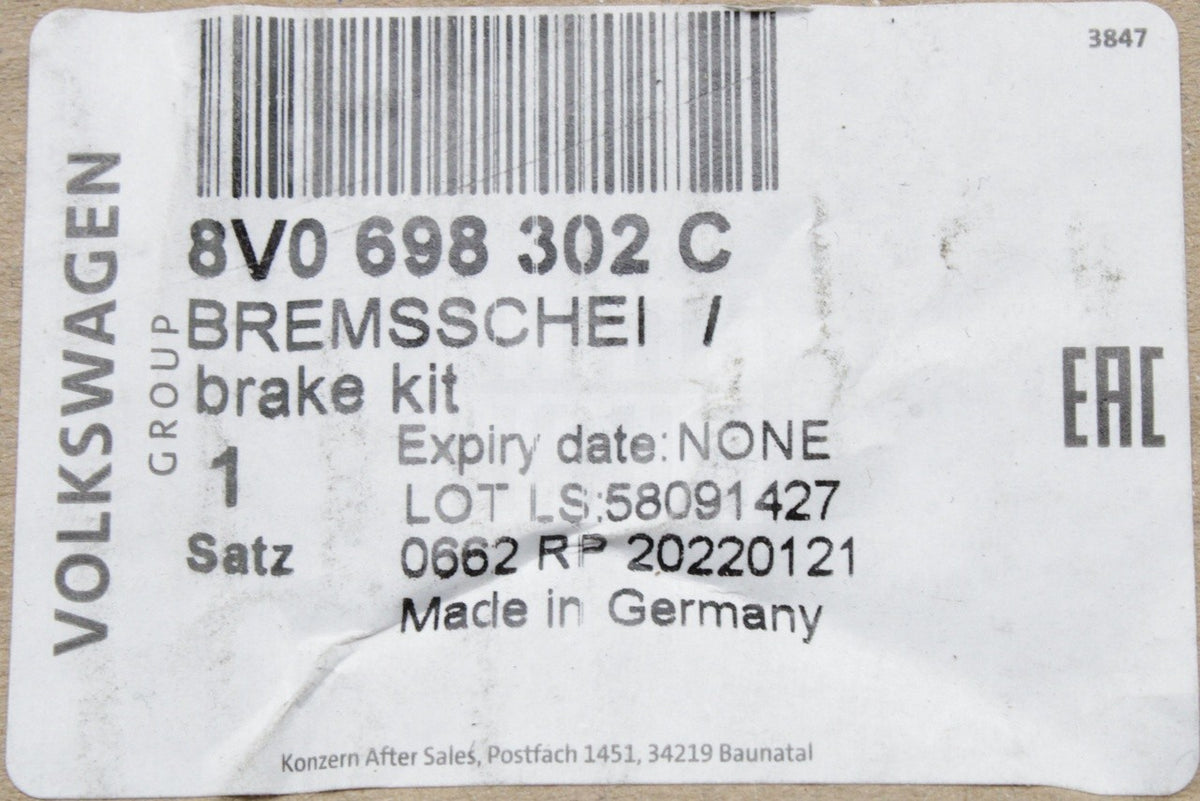 VW Golf GTI Audi A3 SEAT brake disc and pad kit (front) 8V0698302C
