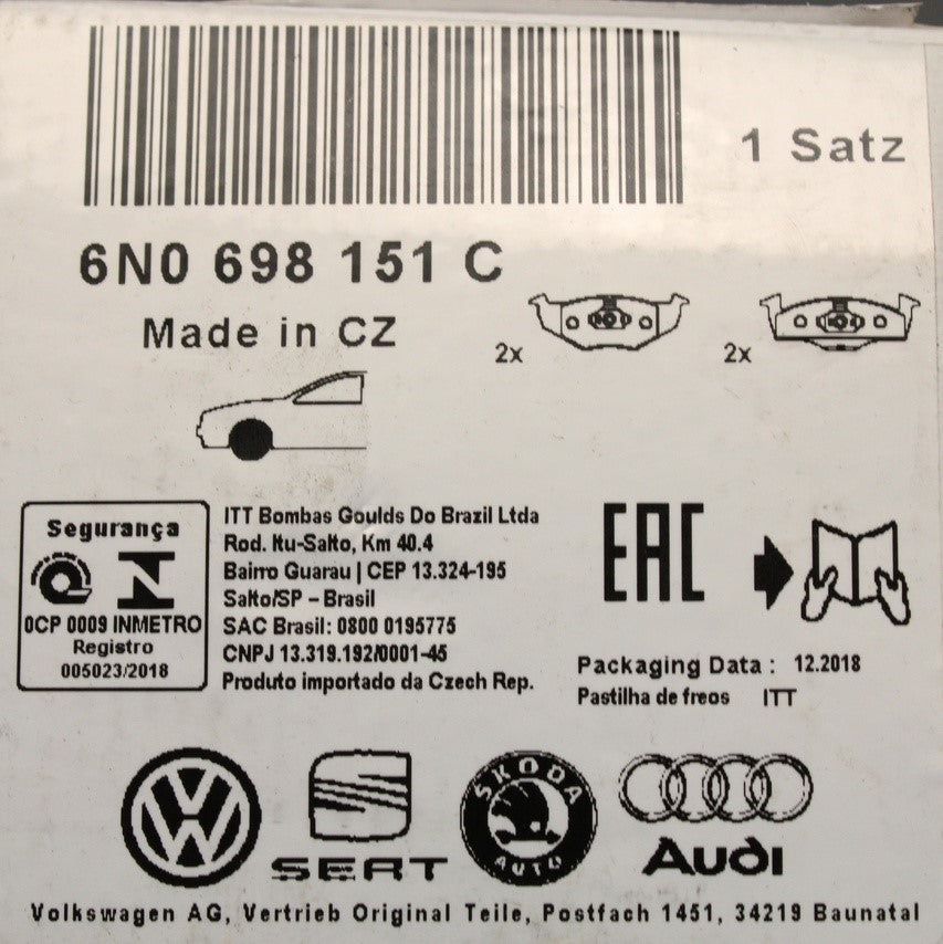 VW Lupo Polo Skoda Fabia SEAT Arosa 95-12 brake pads (front) 6N0698151C