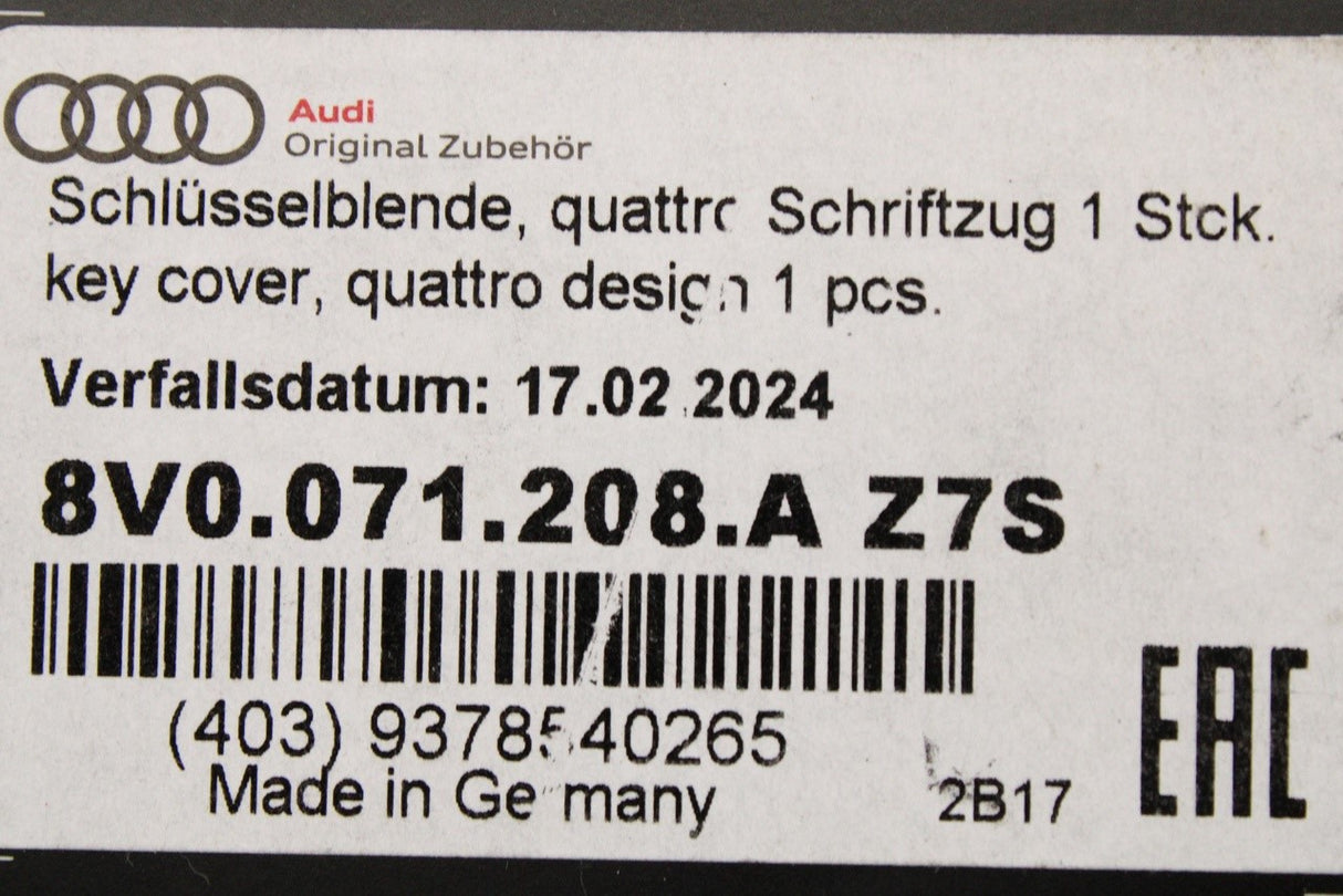 Audi A1 A3 A4 Q2 Q3 Q7 TT R8 RS3 RS4 RS6 quattro key fob cover 8V0071208A Z7S