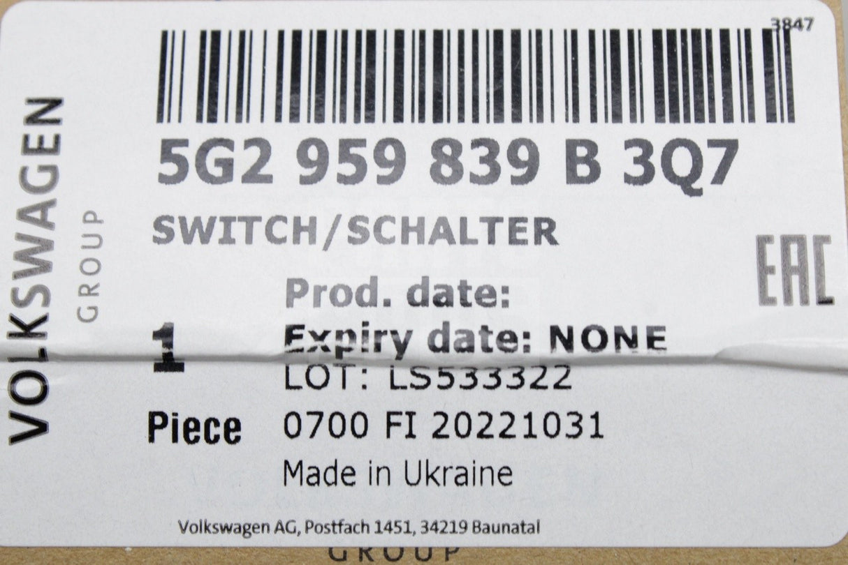VW T-Roc 2018-2026 RHD engine start/stop switch 5G2959839B 3Q7