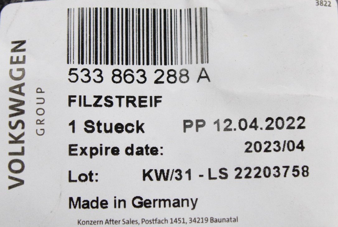 VW Audi Skoda SEAT adhesive felt strip 20x3x880mm 533863288A