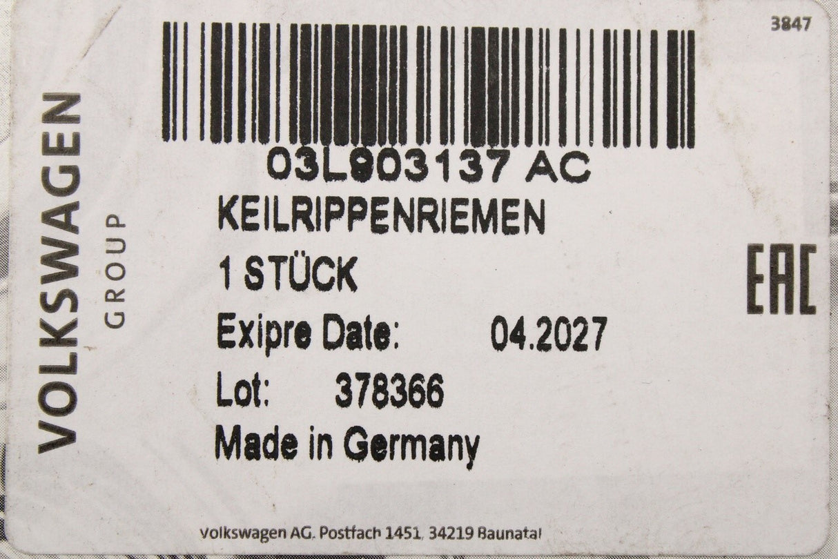 VW Amarok Transporter T5.1 T6 10-22 auxiliary belt (2.0 TDI) 03L903137AC