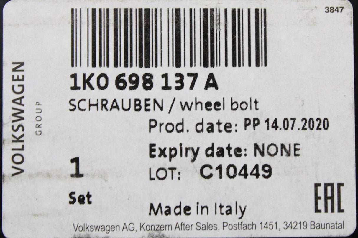 VW Golf MK5 MK6 MK7 Caddy Passat locking wheel nut set 1K0698137A