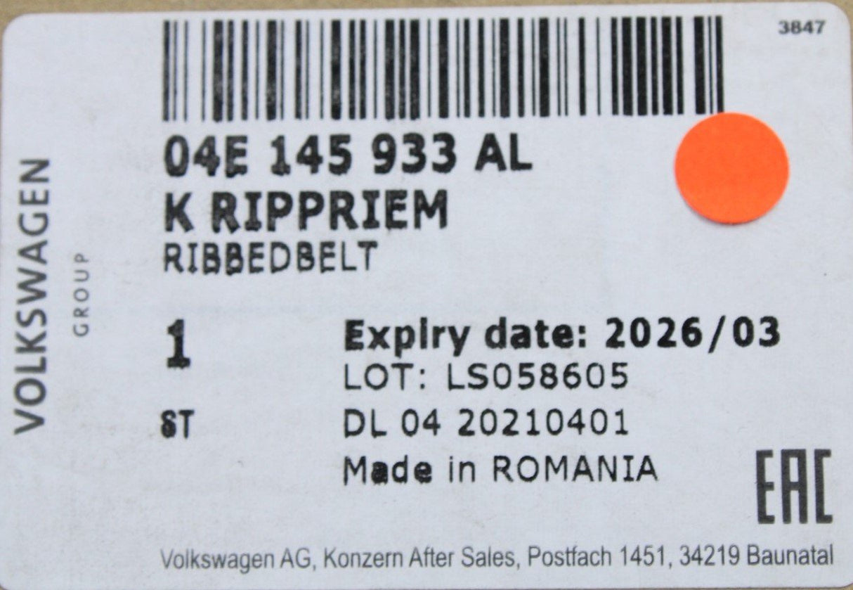 VW Audi Skoda SEAT 1.0 1.2 1.4 1.5 TSI auxiliary poly-V belt 04E145933AL