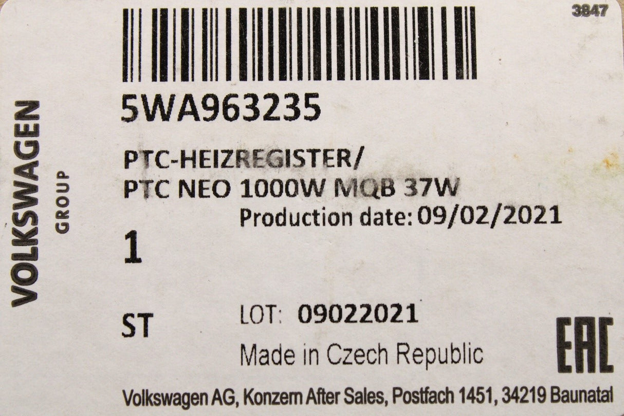 Audi A3 Q2 TT RS3 VW Golf Passat auxiliary air heat element 5WA963235