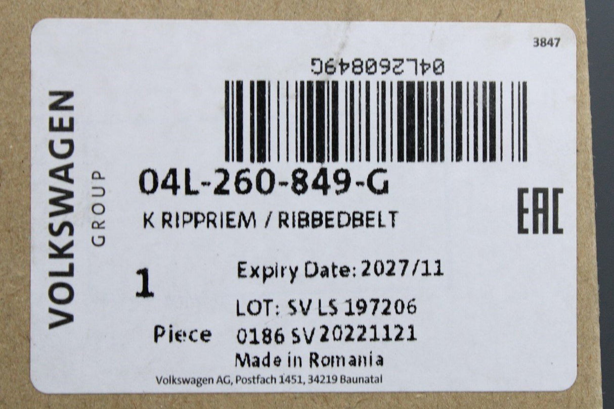VW Golf Audi Skoda SEAT auxiliary poly-V belt (1.6 2.0 TDI) 04L260849G