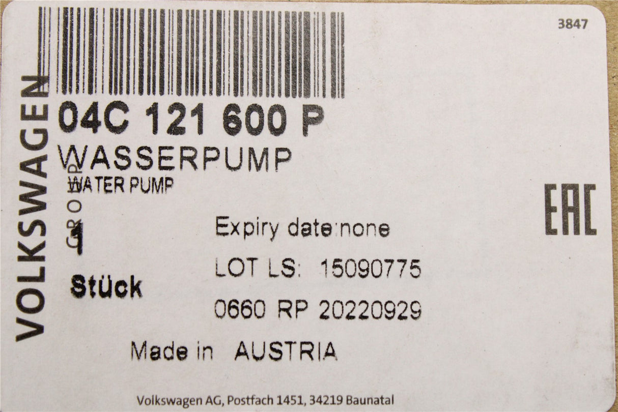 VW Up! Polo 6C Audi A3 SEAT Skoda 1.0 TSI coolant water pump 04C121600P