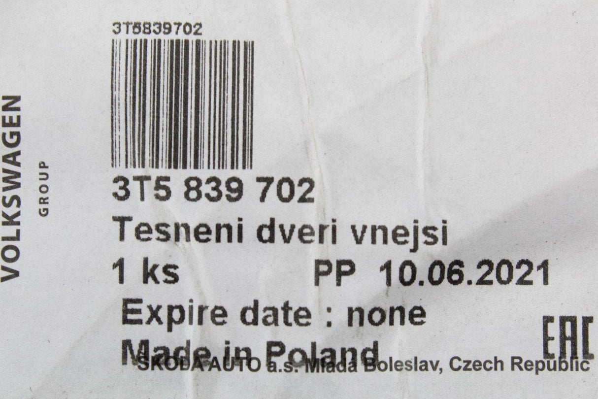 Skoda Superb 3T Yeti 5L Rear right outer door seal 3T5839702