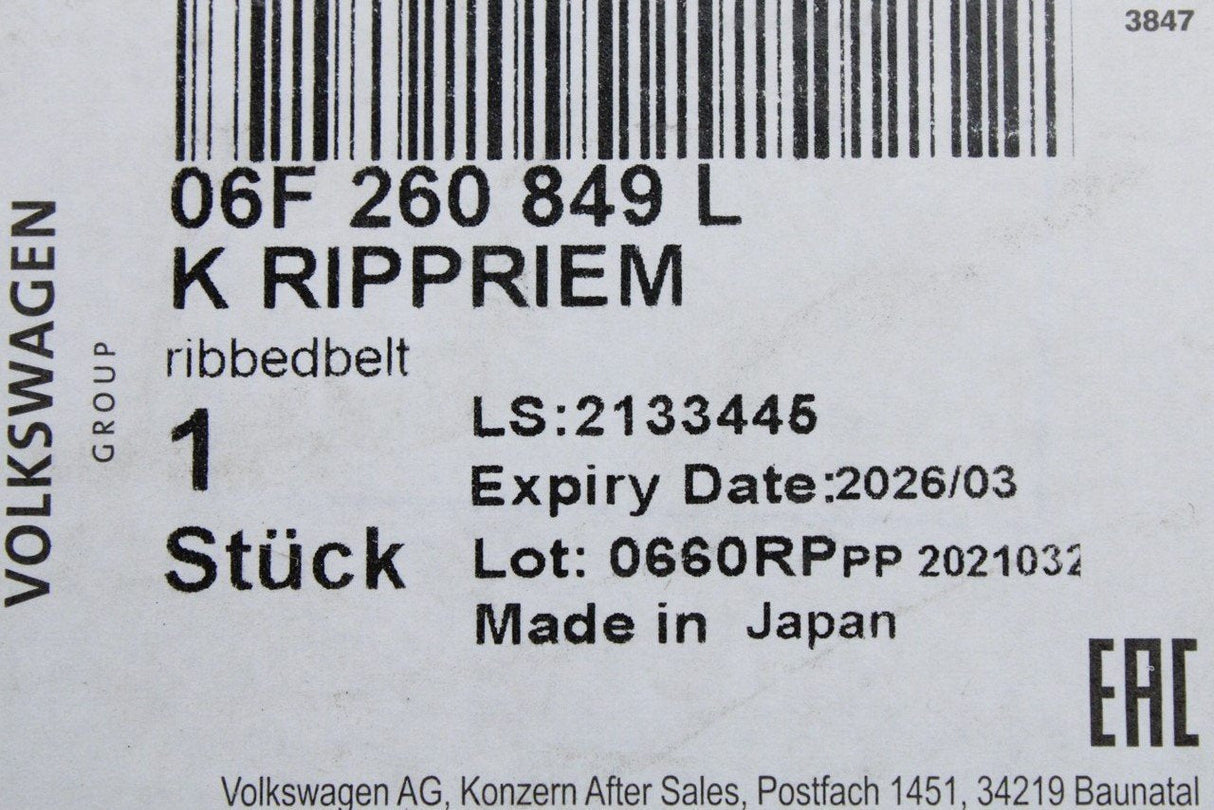 VW Audi Skoda SEAT 1.6 2.0 v-ribbed alternator drive belt 06F260849L